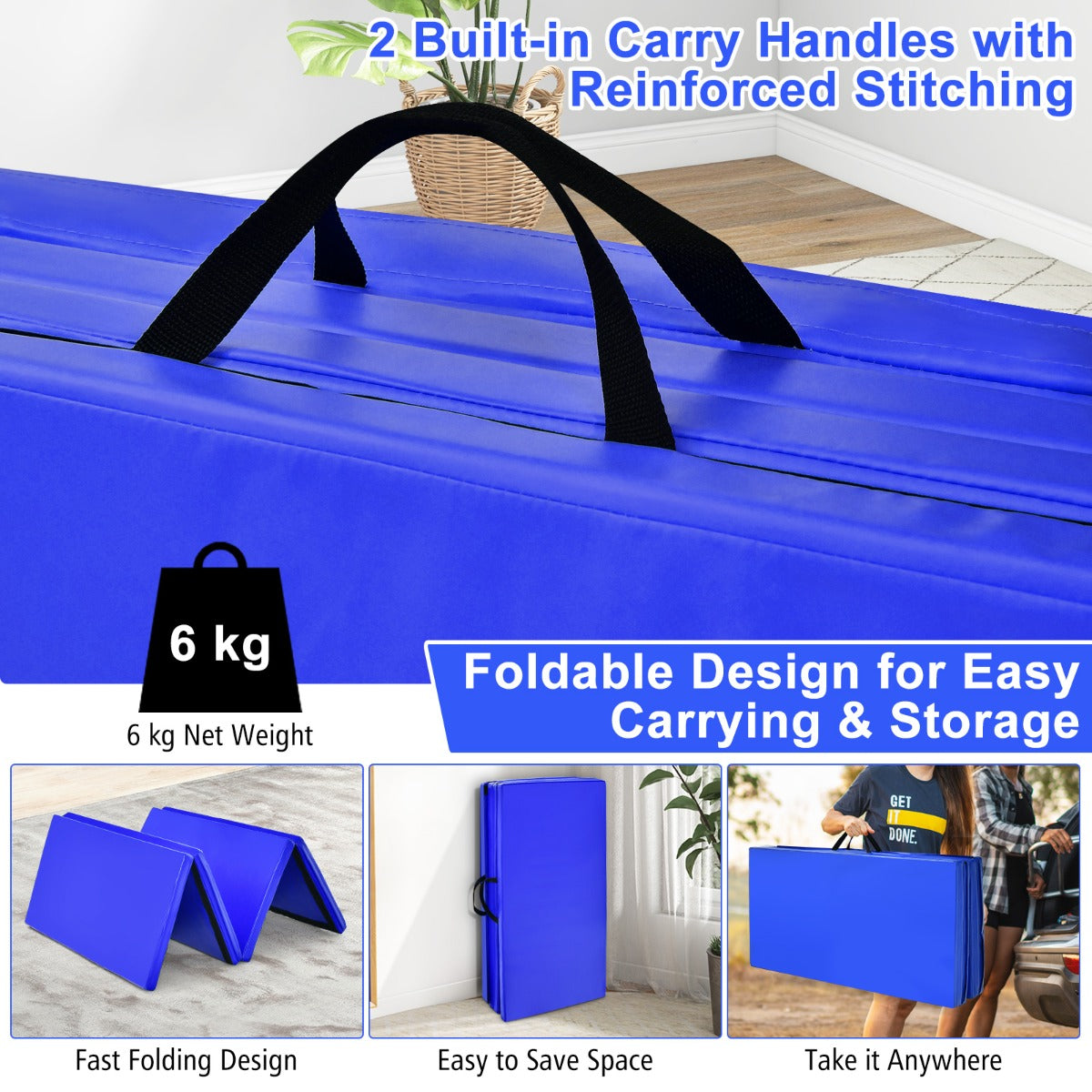 LIVSK Opvouwbare Gymnastiekmat - 240 x 120 x 5 cm - EPE-schuim - Waterdichte PU-hoes - Draagbaar met Handvat - Marineblauw