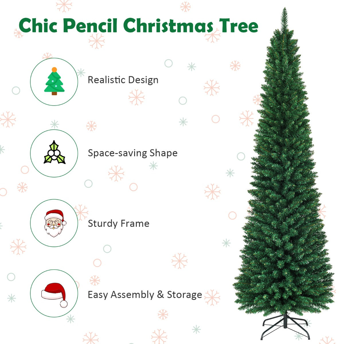 LIVSK Kunstmatige Kerstboom - Dichte PVC-naalden - Dun Potloodontwerp - Stevige Metalen Standaard - 1000 Takuiteinden - Groen