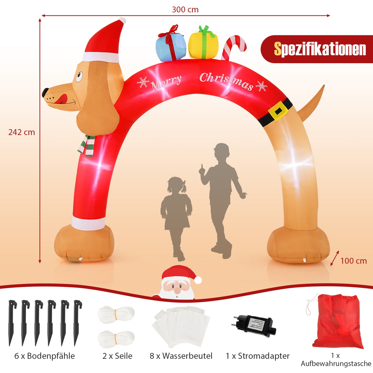 LIVSK Opblaasbare Kerstboog - Met LED-verlichting - Automatisch opblazen - Duurzaam Polyester - 300 x 100 x 242 cm - Kleurrijk