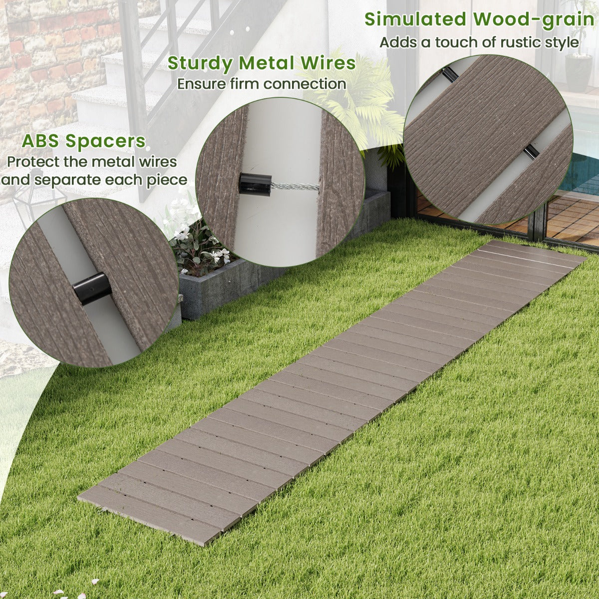 LIVSK Oprolbaar Tuinpad 242 x 43 x 1,2 cm - Antislip - Weerbestendig - Rustieke Houtnerf - Voor Tuin en Evenementen - Grijs