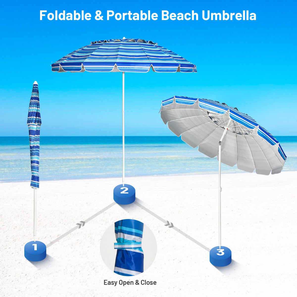 LIVSK Kantelbare Strandparasol - UPF 50+ Zonbescherming - Lichtgewicht - Verstelbare Hellingshoek - 2,43 m - Donkerblauw