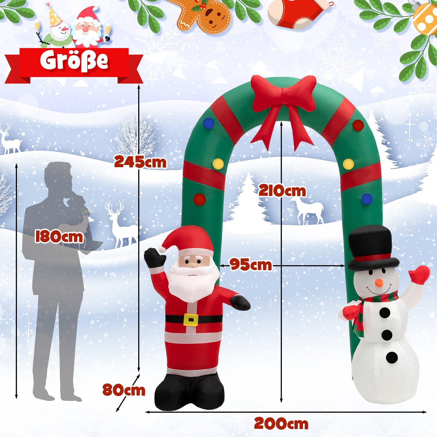 LIVSK Opblaasbare Kerstboog met Kerstman en Sneeuwman - 245 cm Hoog - LED Verlichting - Waterbestendig Polyester - Inclusief