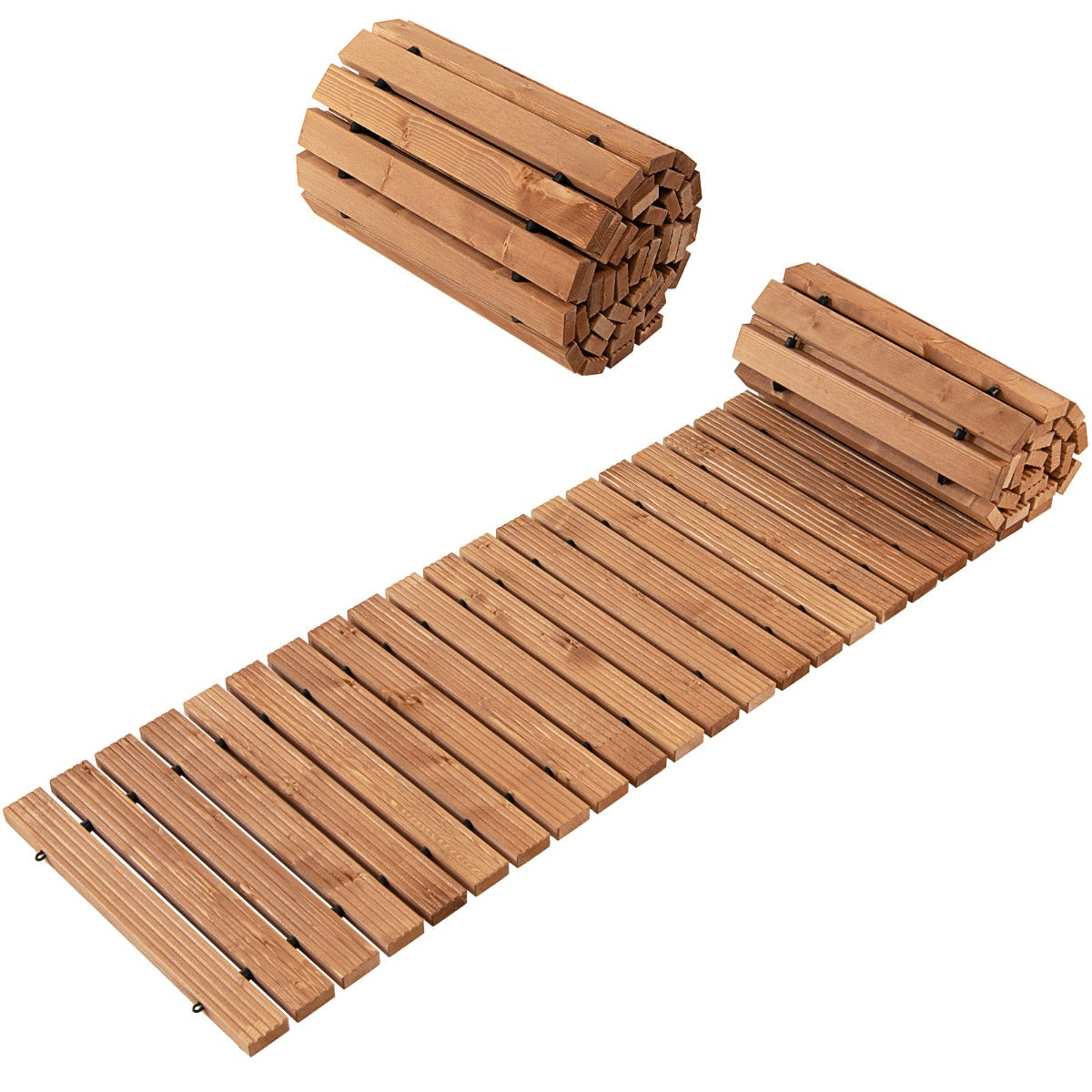 LIVSK Houten Tuinpad 245 x 43 x 2 cm - Antislip - Waterdicht - Stevig Dennenhout - Eenvoudig Op te Rollen - Lichtbruin