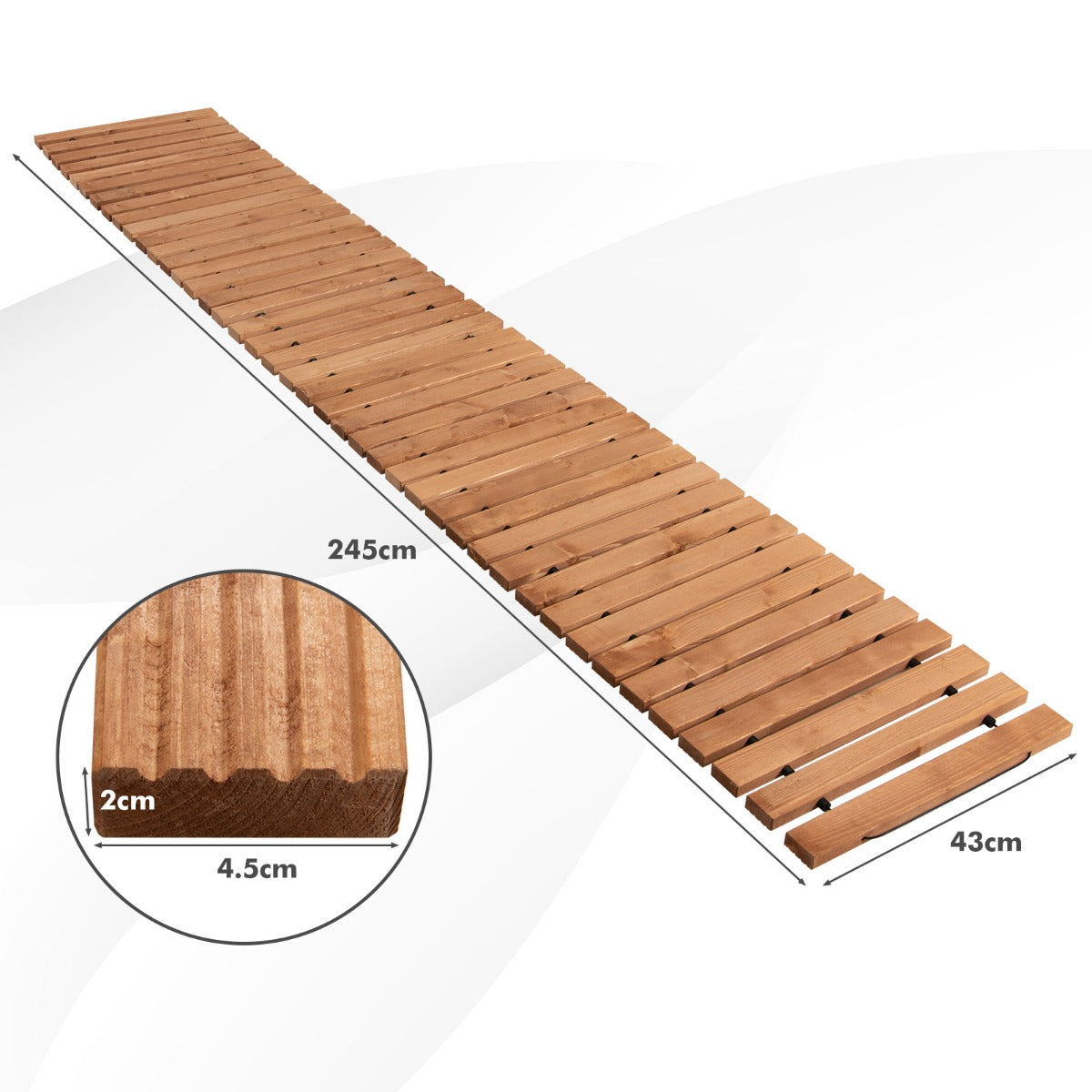 LIVSK Houten Tuinpad 245 x 43 x 2 cm - Antislip - Waterdicht - Stevig Dennenhout - Eenvoudig Op te Rollen - Lichtbruin