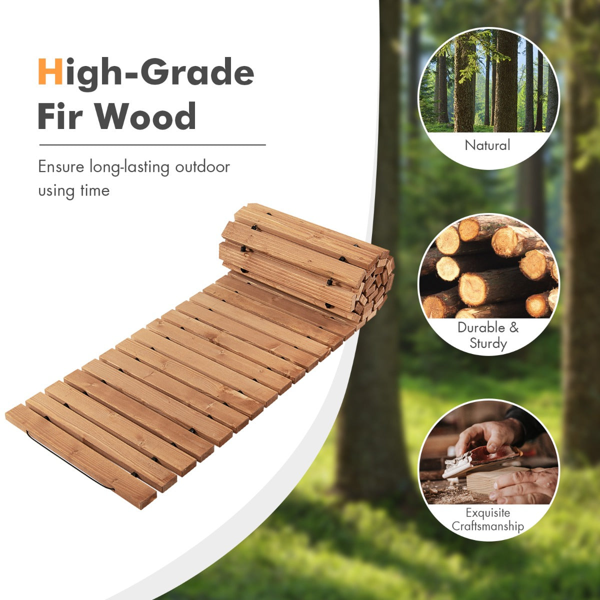 LIVSK Houten Tuinpad 245 x 43 x 2 cm - Antislip - Waterdicht - Stevig Dennenhout - Eenvoudig Op te Rollen - Lichtbruin