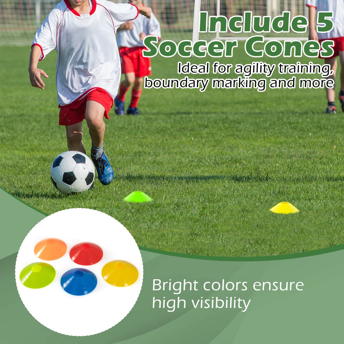 LIVSK Weerbestendig Voetbaldoel met Net - Stevig UPVC-frame - Inclusief Grondpennen en Voetbalkegels - 245 x 90 x 182 cm - Wit