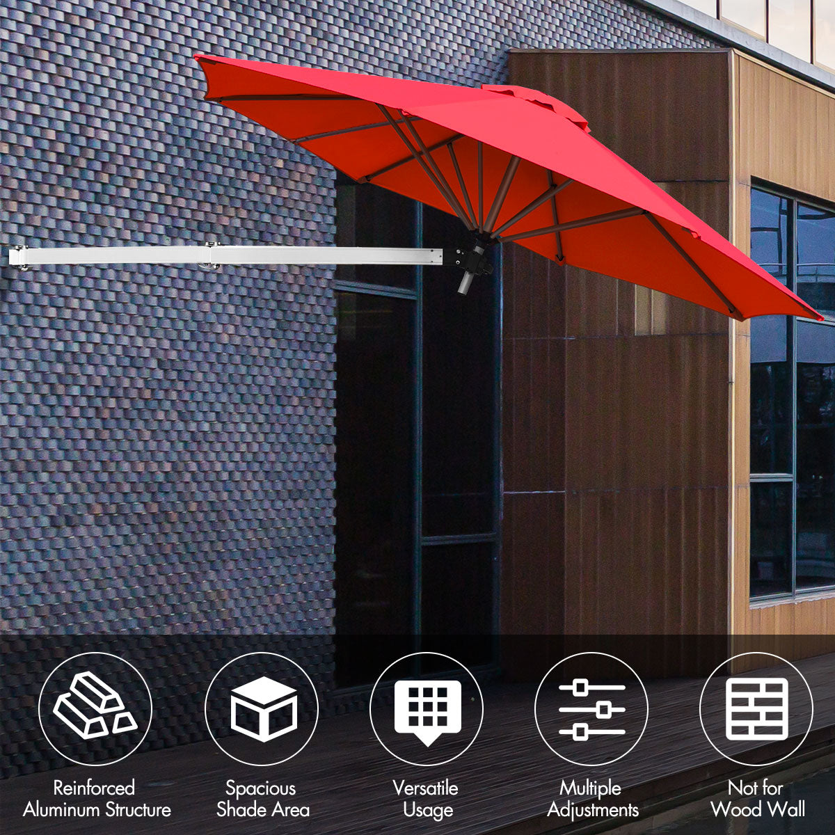 LIVSK Wandparasol - Wandmontage - Verstelbare Hoek - Aluminium Frame - Waterdicht Polyester - 247 cm - Rood / Blauw