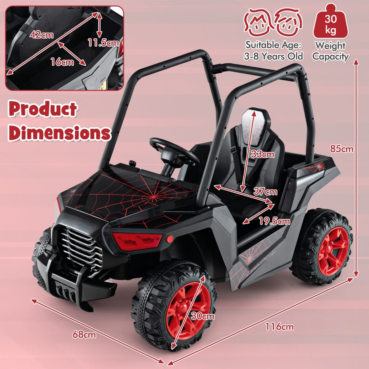 LIVSK Elektrische Buggy Voertuig - Afstandsbediening - 3 Snelheden - Veerophangingen - Veiligheidsgordel - Tot 30 kg - Zwart +