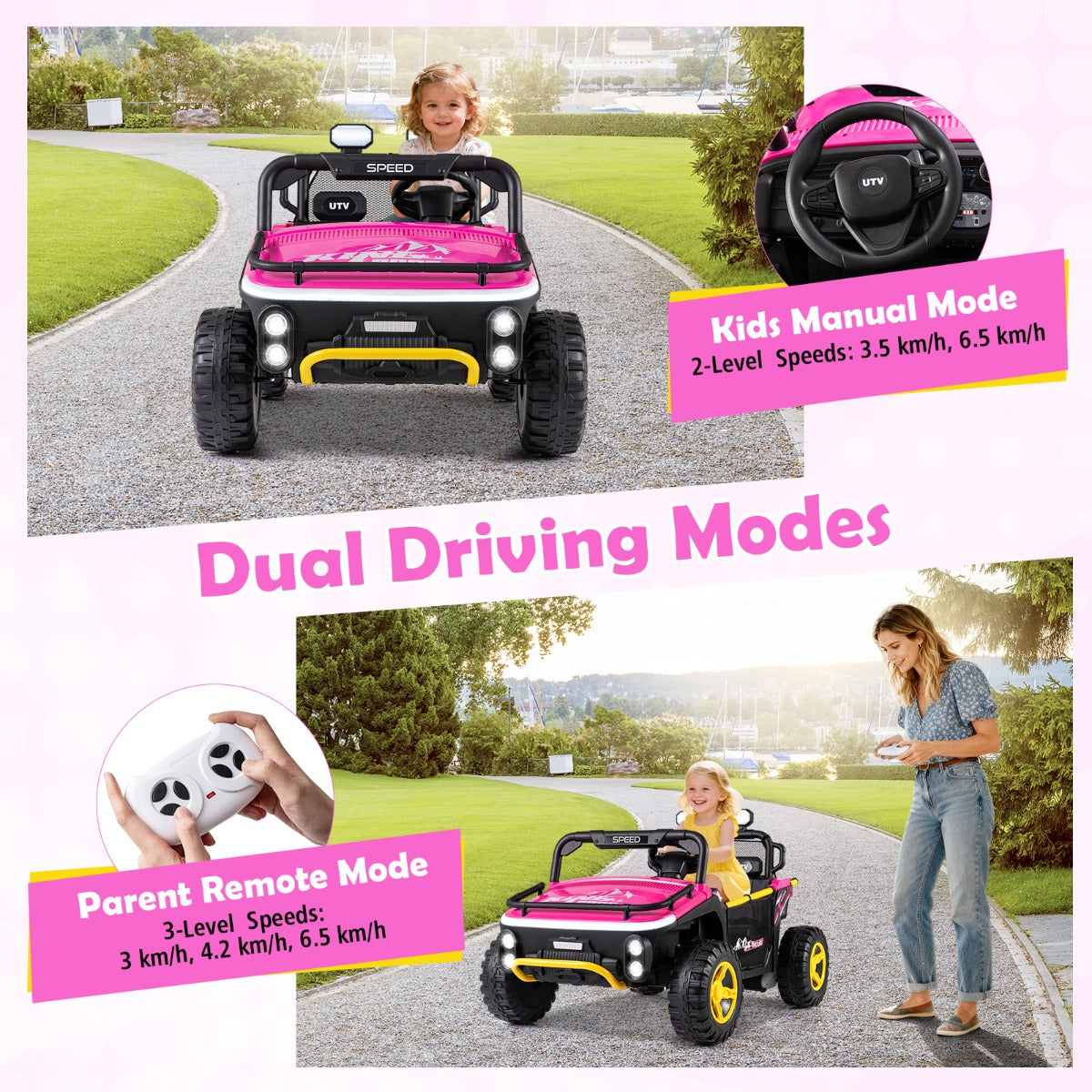 Livsk costway 24v elektrische auto voor kinderen 2 zits elektrische auto met claxon muziek en licht kinderauto met afstandsbediening roze 3