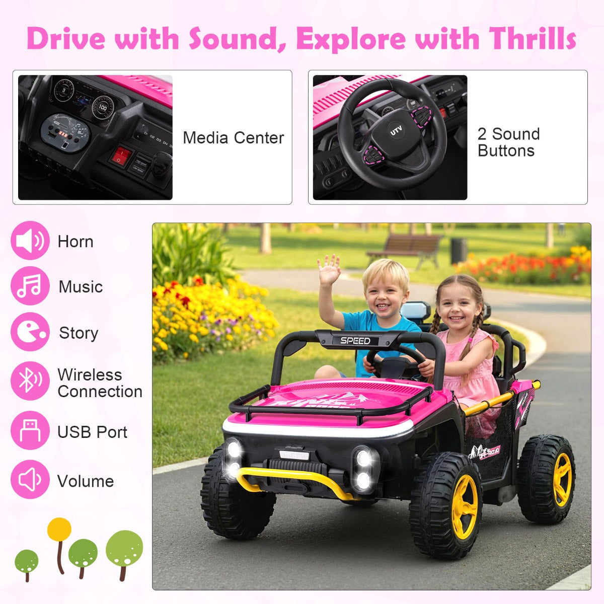 Livsk costway 24v elektrische auto voor kinderen 2 zits elektrische auto met claxon muziek en licht kinderauto met afstandsbediening roze 4