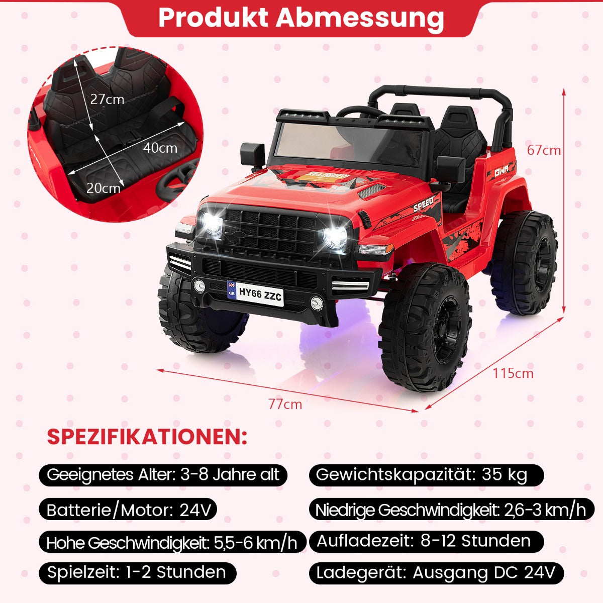 LIVSK Elektrische Truck voor Kinderen - 2-zitter met Veiligheidsgordel - 24V-batterij - 2 Snelheidsmodi - 77 x 115 x 67 cm - Rood