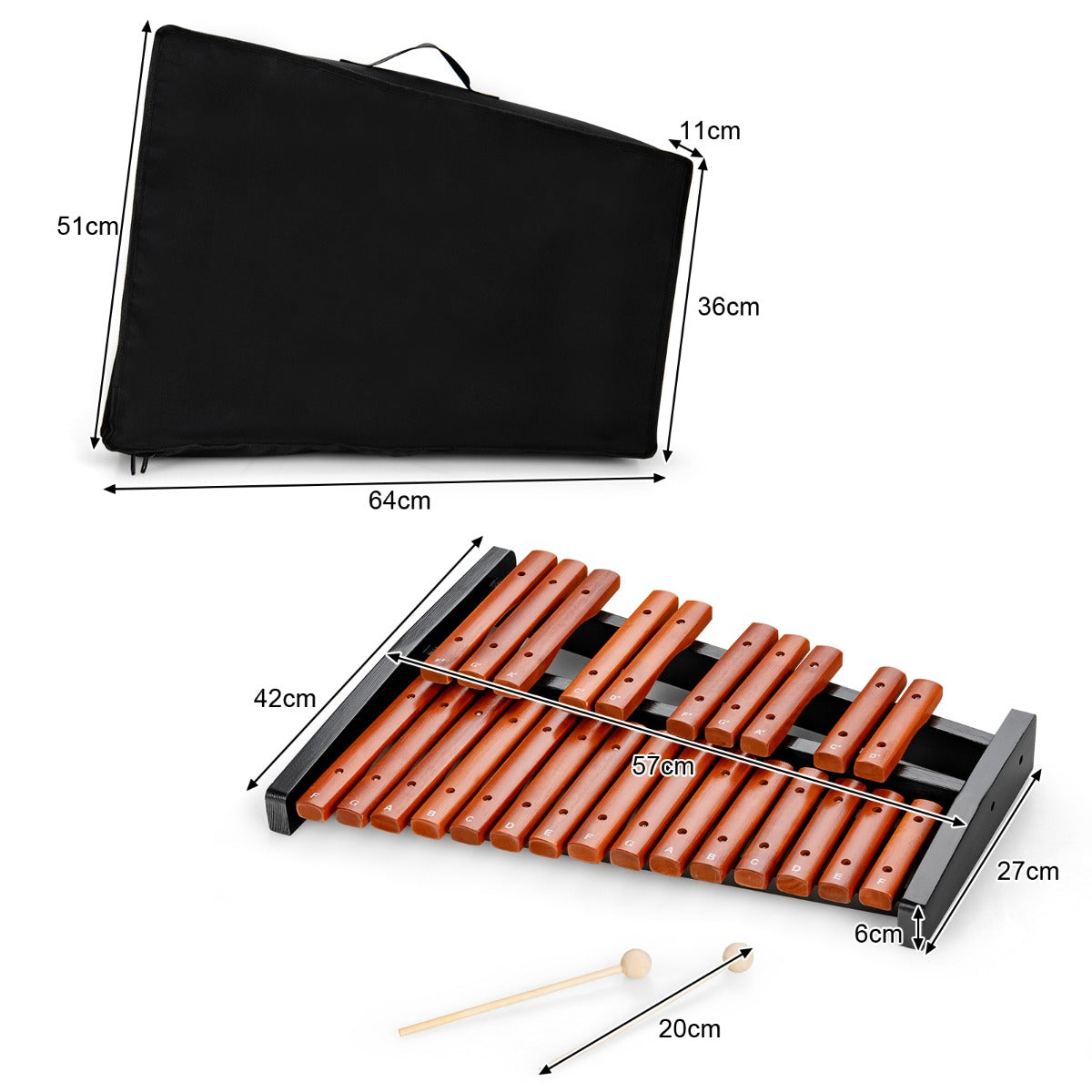 LIVSK Percussie Xylofoon 25 Noten - Duurzaam Hout - Inclusief Draagtas - Veilig voor Kinderen - 42 x 57 x 6 cm - Bruin + Zwart
