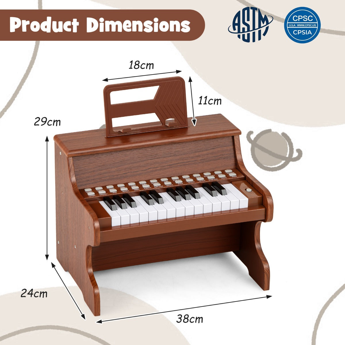 Livsk costway 25 toetsen digitale piano voor kinderen mini elektronische piano houten piano bruin 1 1