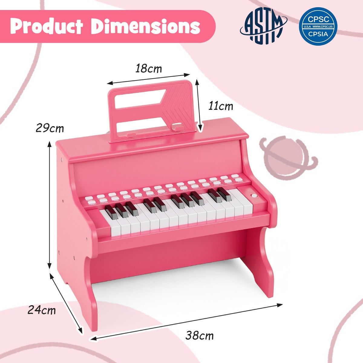 Livsk costway 25 toetsen digitale piano voor kinderen mini elektronische piano houten piano roze 1 2
