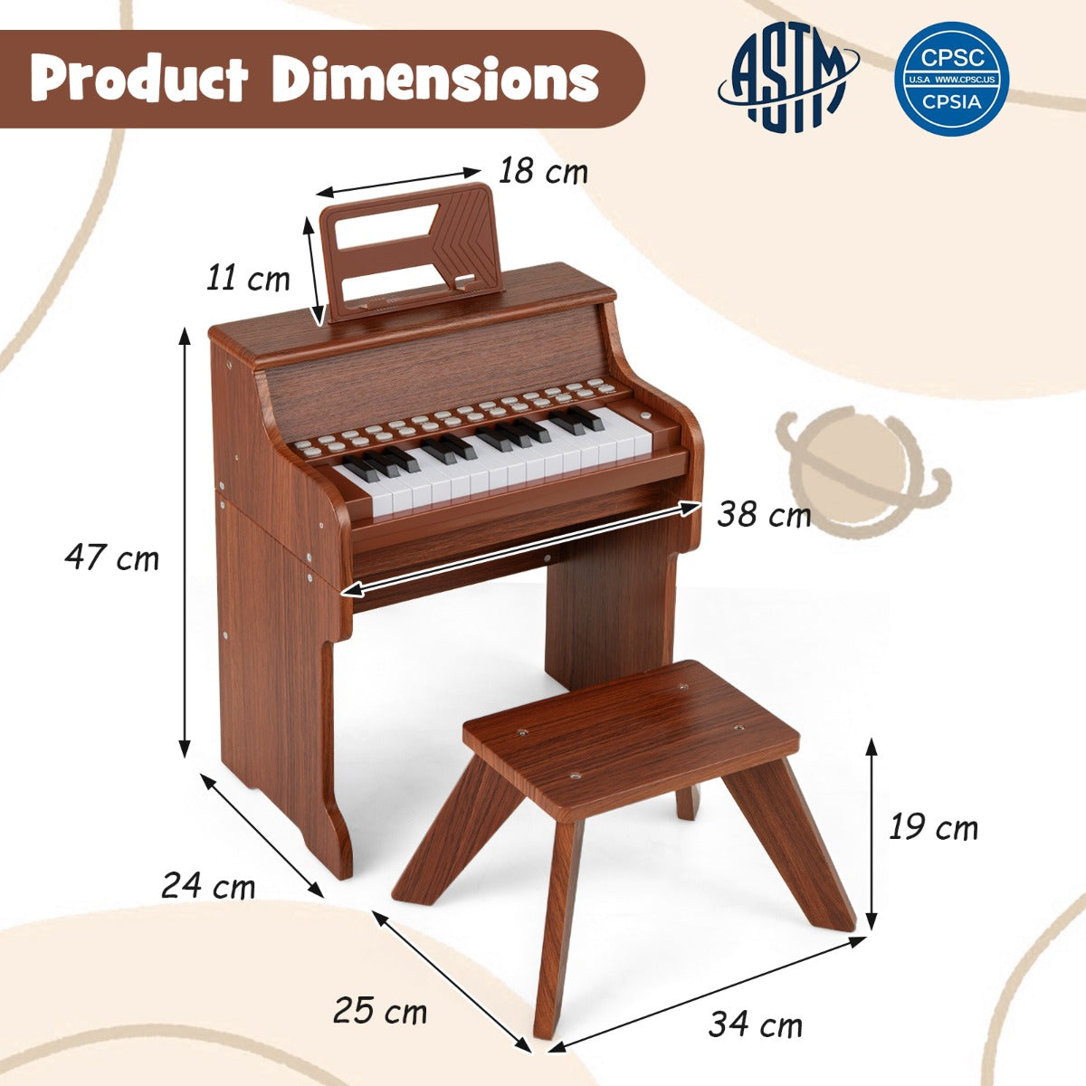 Livsk costway 25 toetsen kinderpiano met krukje mini elektronische piano bruin 1 1