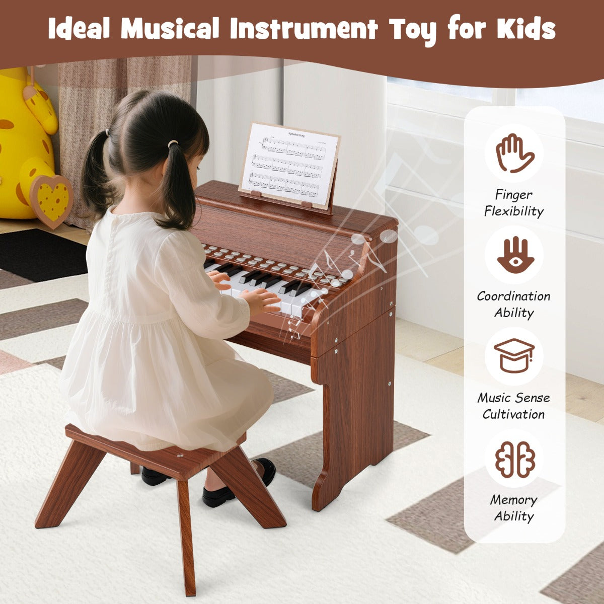 Livsk costway 25 toetsen kinderpiano met krukje mini elektronische piano bruin 6