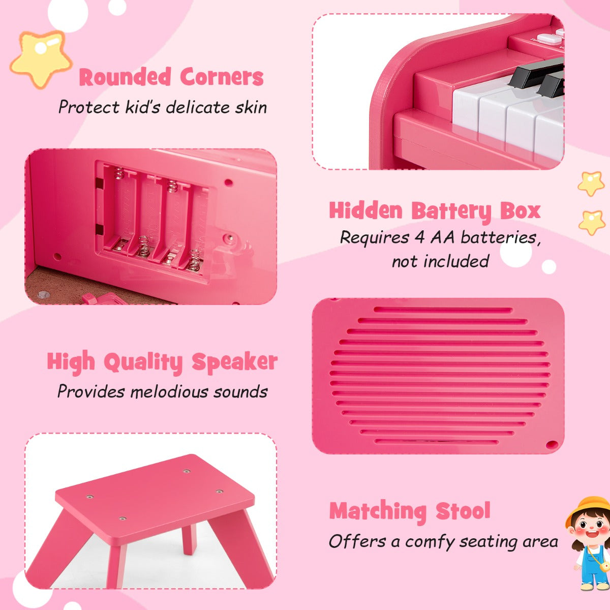 Livsk costway 25 toetsen kinderpiano met krukje mini elektronische piano roze 4