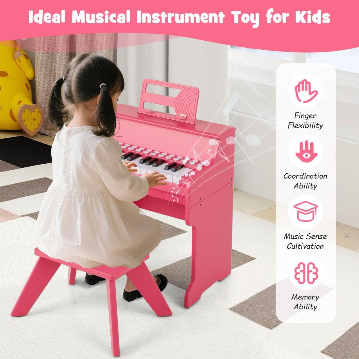 Livsk costway 25 toetsen kinderpiano met krukje mini elektronische piano roze 6