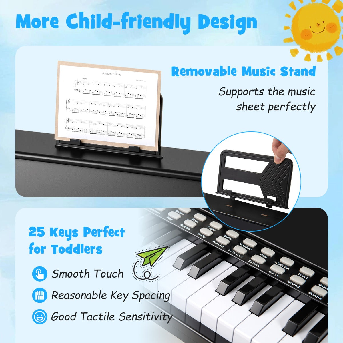 Livsk costway 25 toetsen kinderpiano met krukje mini elektronische piano zwart 5