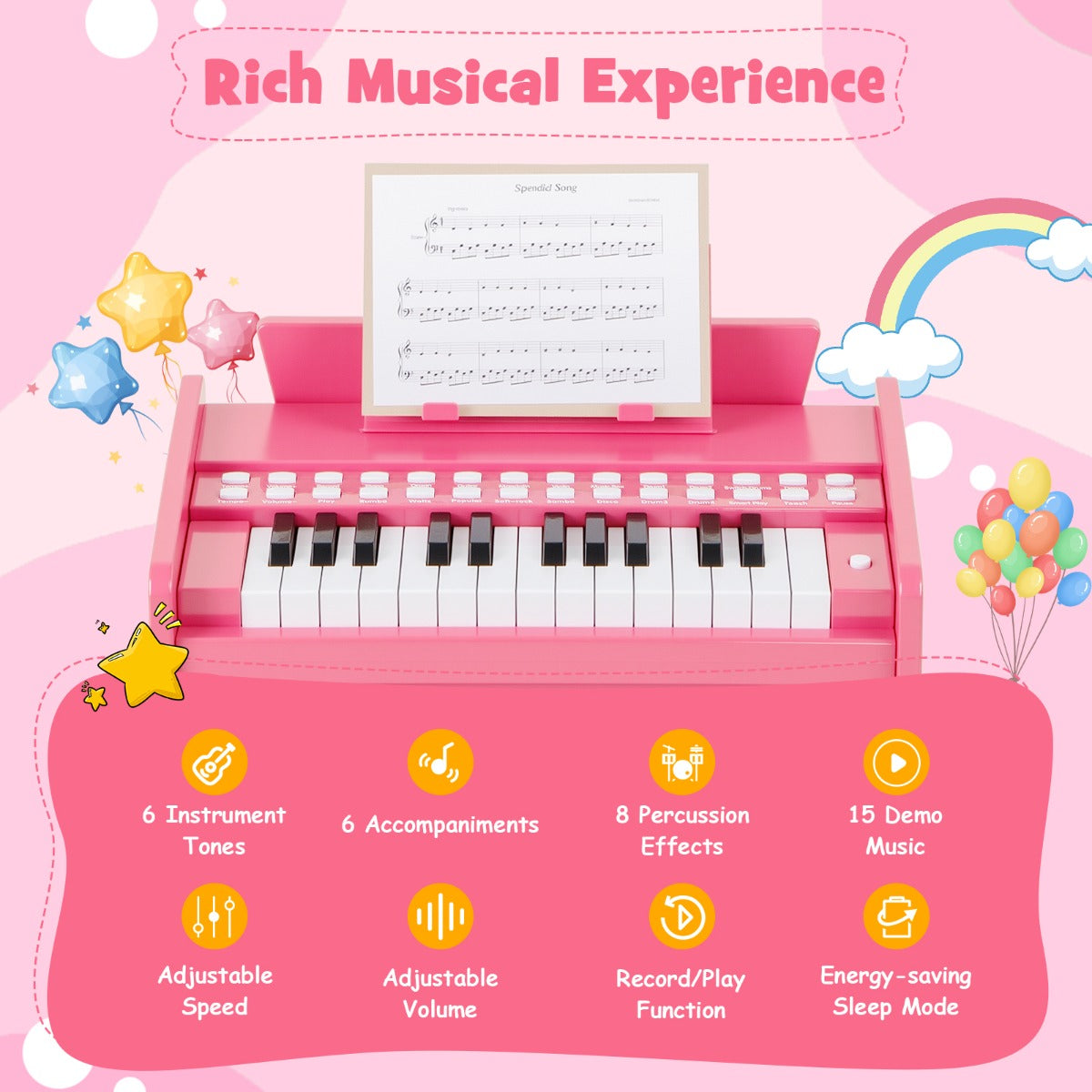 Livsk costway 25 toetsen mini digitale piano voor kinderen houten speelgoed met instelbaar tempo en volume roze 3