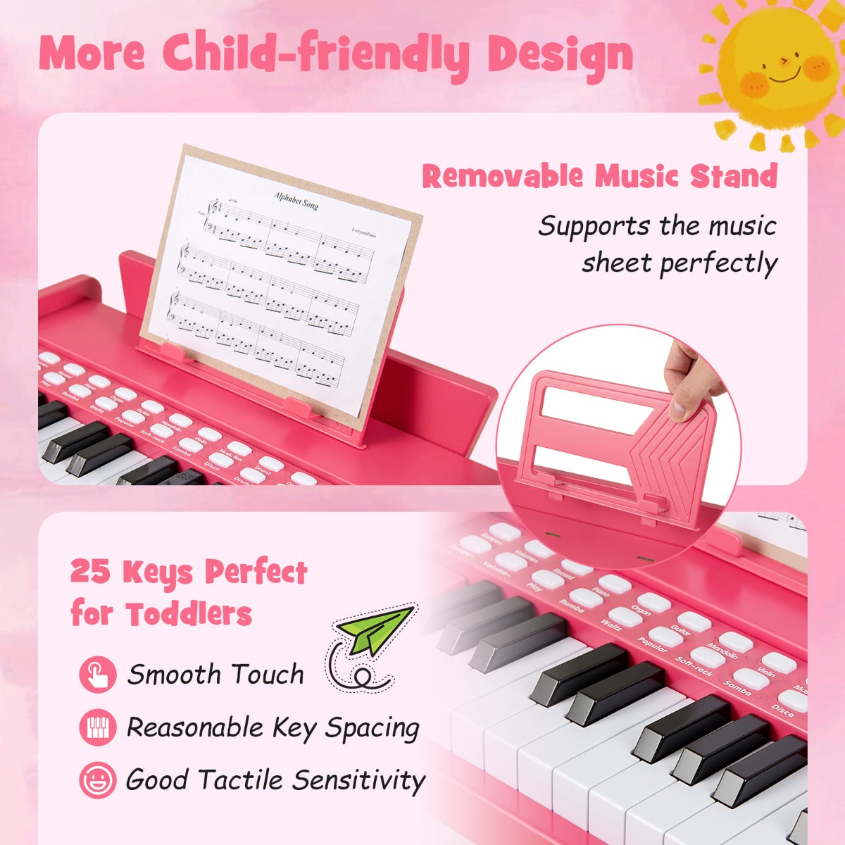 Livsk costway 25 toetsen mini digitale piano voor kinderen houten speelgoed met instelbaar tempo en volume roze 4