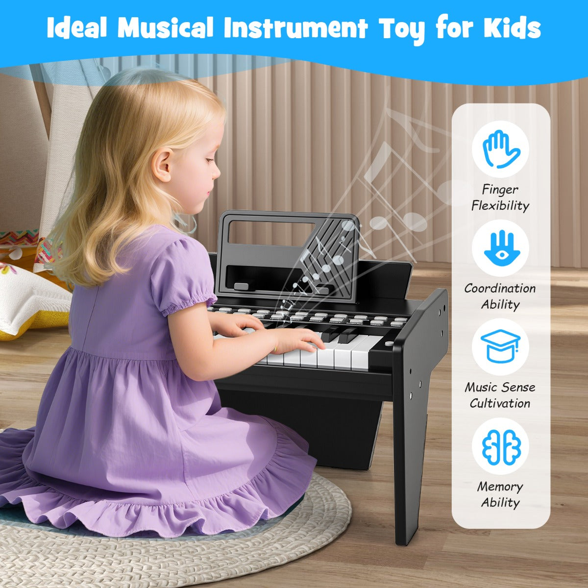 Livsk costway 25 toetsen mini digitale piano voor kinderen houten speelgoed met instelbaar tempo en volume zwart 6