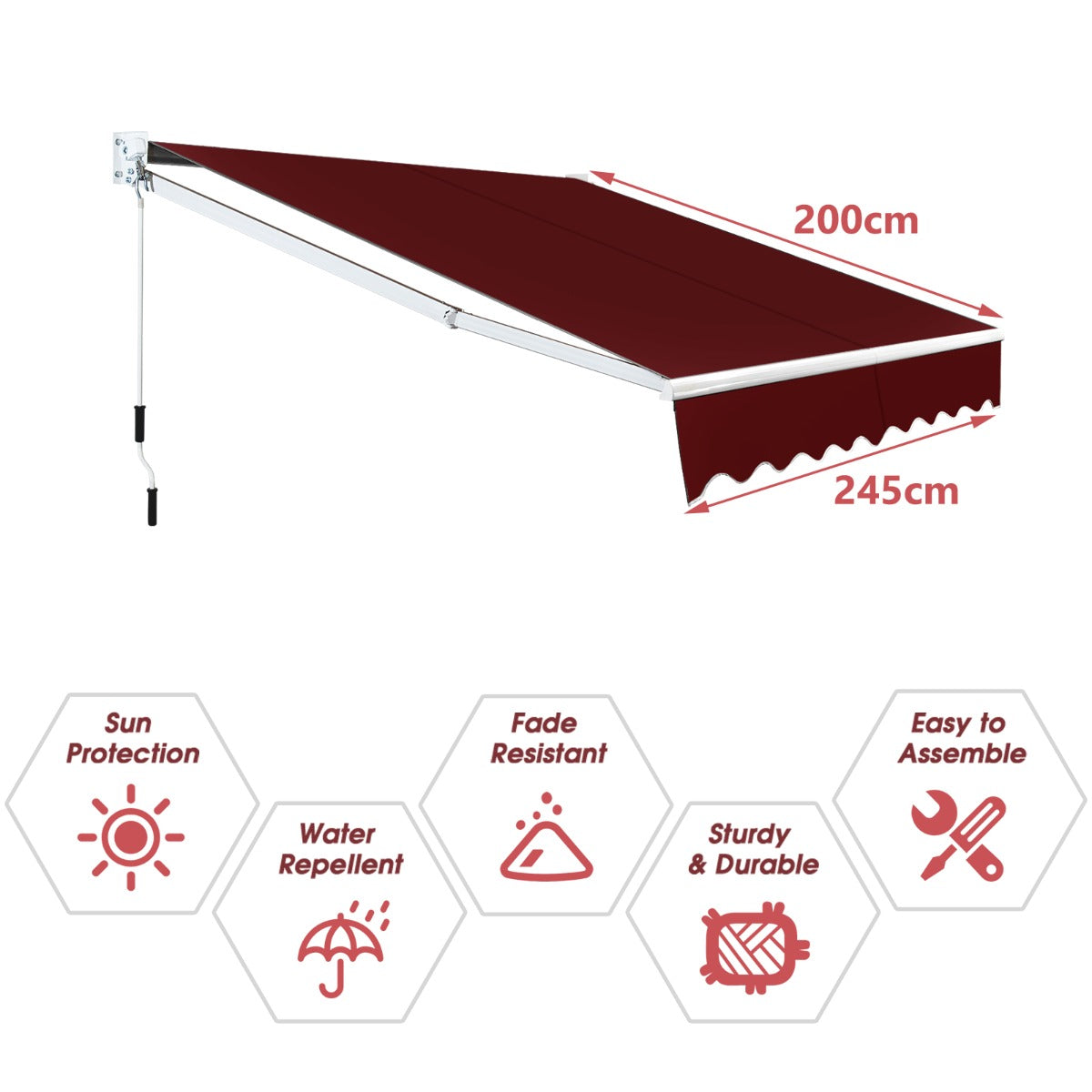 LIVSK Uittrekbaar Zonnescherm - Verstelbare Hoek 40°-100° - Aluminium en Polyester - Eenvoudig te Monteren - Wijnrood