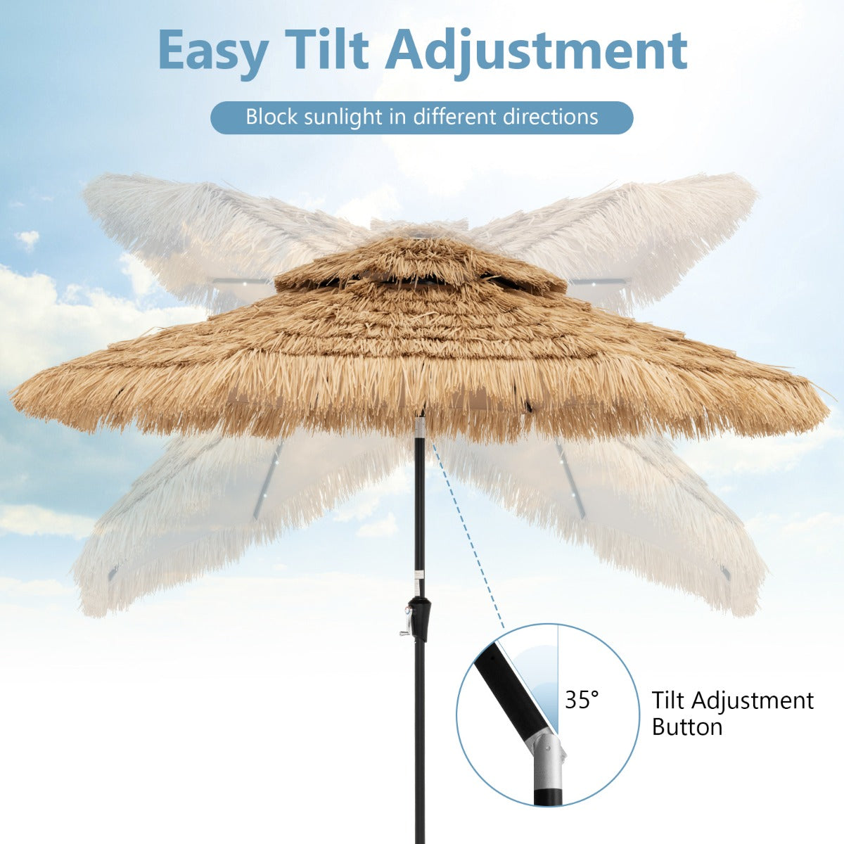 LIVSK Hawaiiaanse stijl parasol - Kantelbaar tot 35° - Ademend Polyester - LED Verlichting - Stabiel Frame - Naturel