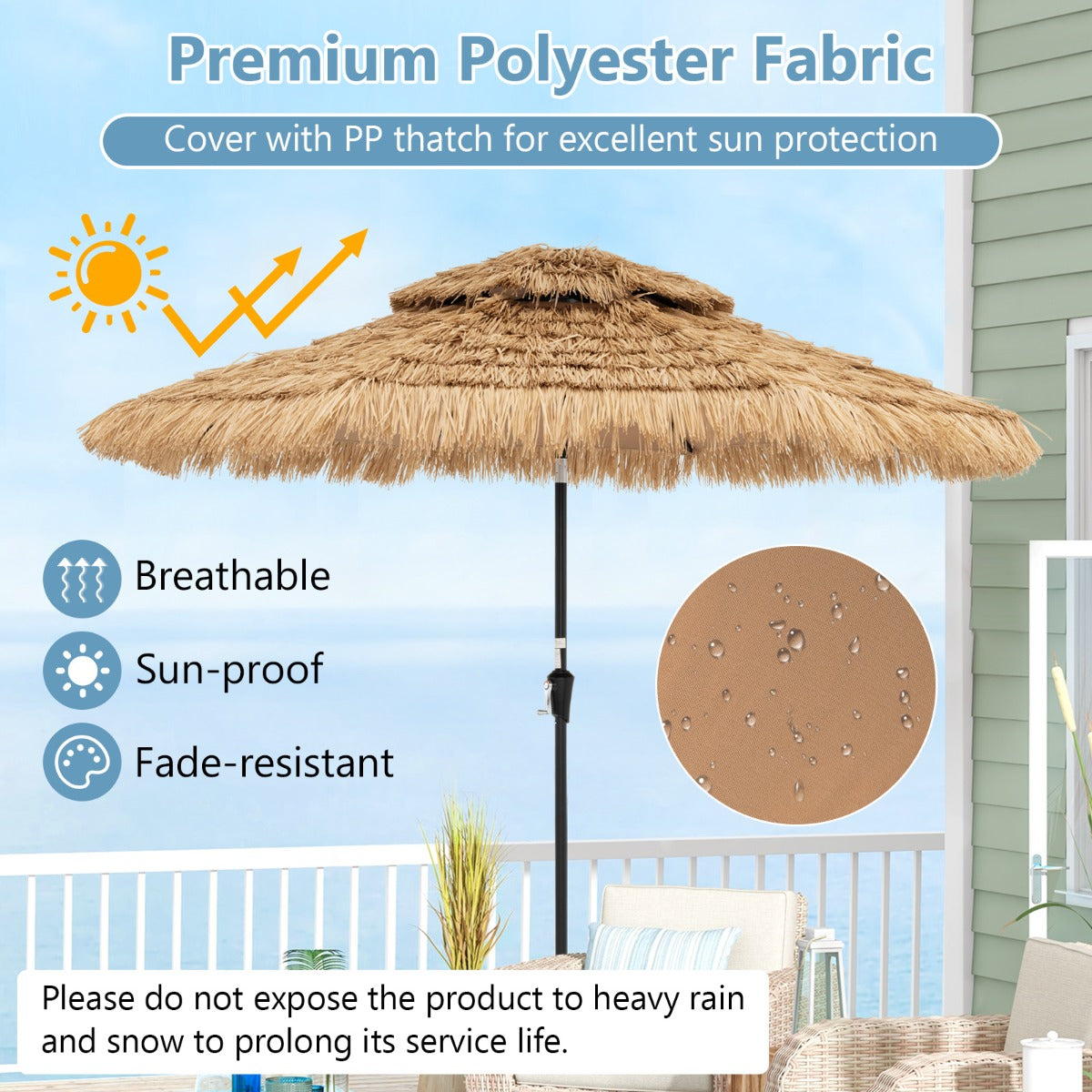 LIVSK Hawaiiaanse stijl parasol - Kantelbaar tot 35° - Ademend Polyester - LED Verlichting - Stabiel Frame - Naturel