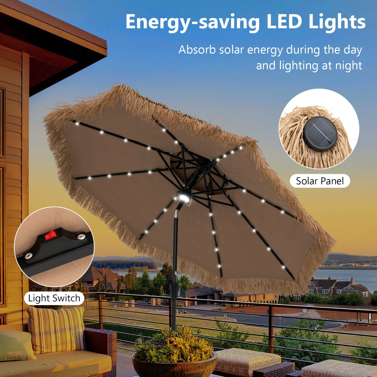 LIVSK Hawaiiaanse stijl parasol - Kantelbaar tot 35° - Ademend Polyester - LED Verlichting - Stabiel Frame - Naturel