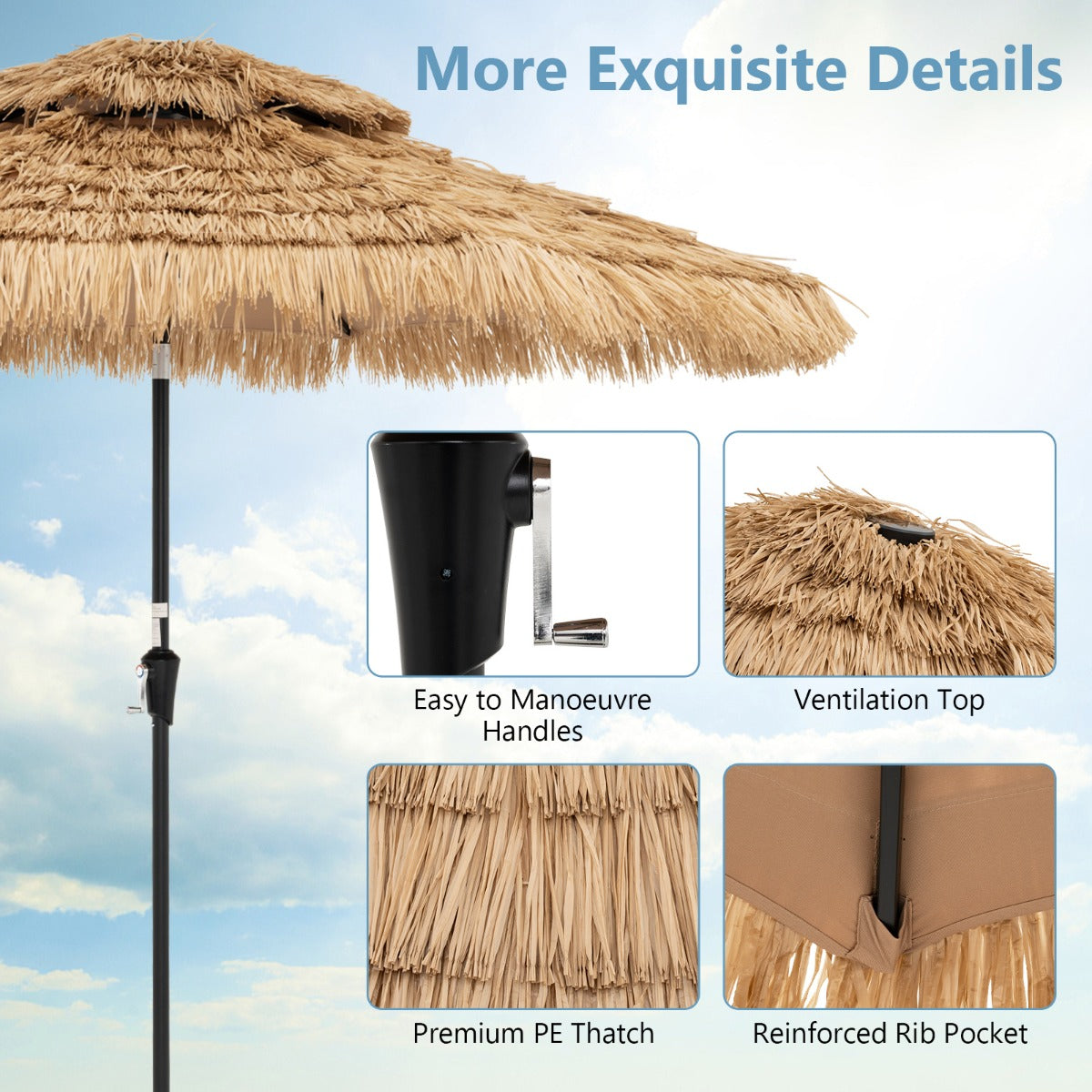 LIVSK Hawaiiaanse stijl parasol - Kantelbaar tot 35° - Ademend Polyester - LED Verlichting - Stabiel Frame - Naturel