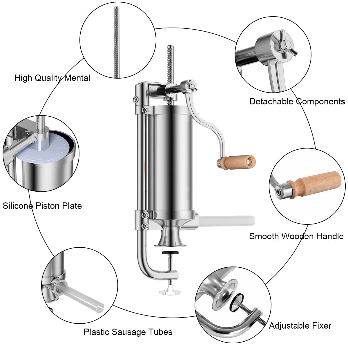 LIVSK Handmatige Worstmachine - 2,5 kg Capaciteit - 4 Vulbuizen - Tafelklem - Slipvrij - Roestvrij Staal - Zilver