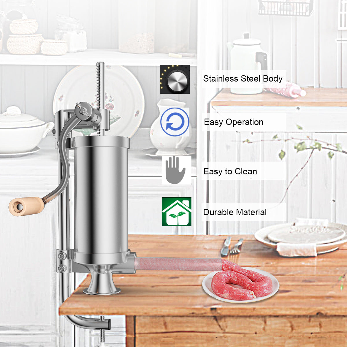 LIVSK Handmatige Worstmachine - 2,5 kg Capaciteit - 4 Vulbuizen - Tafelklem - Slipvrij - Roestvrij Staal - Zilver