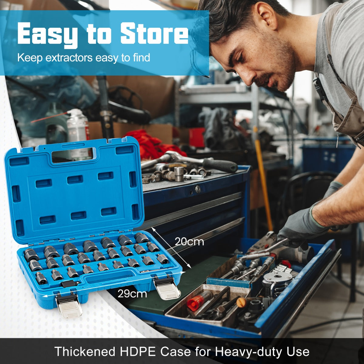 LIVSK Schroefverwijderaarset - 25 Verwijderaars van 1/8" tot 7/8" - Chroom-molybdeenstaal - HDPE-doos - Oranje / Blauw