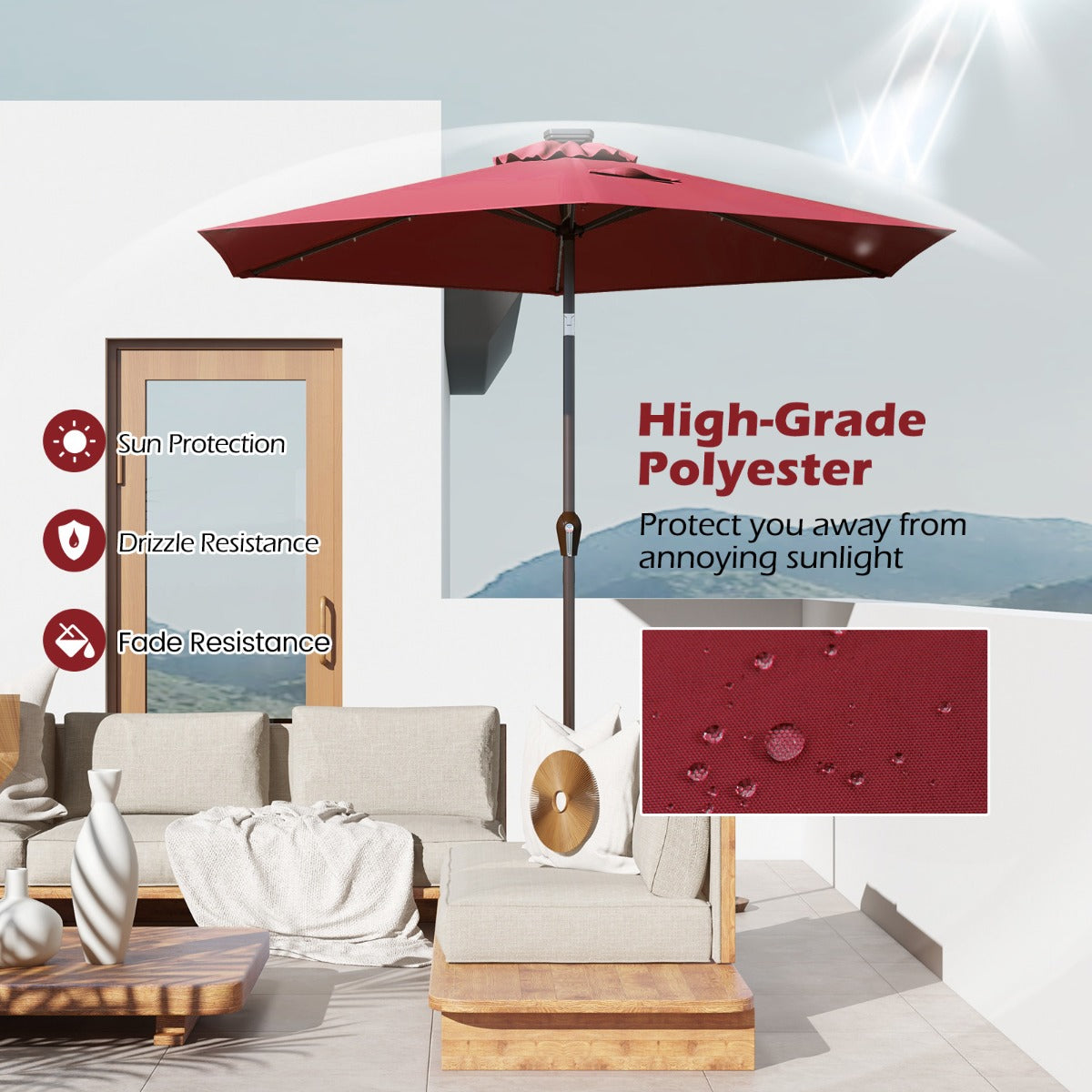 LIVSK LED-paraplu met verlichting - 2,7M Diameter - Verstelbare hellingshoek - Snel te openen - Stalen buis - Beige