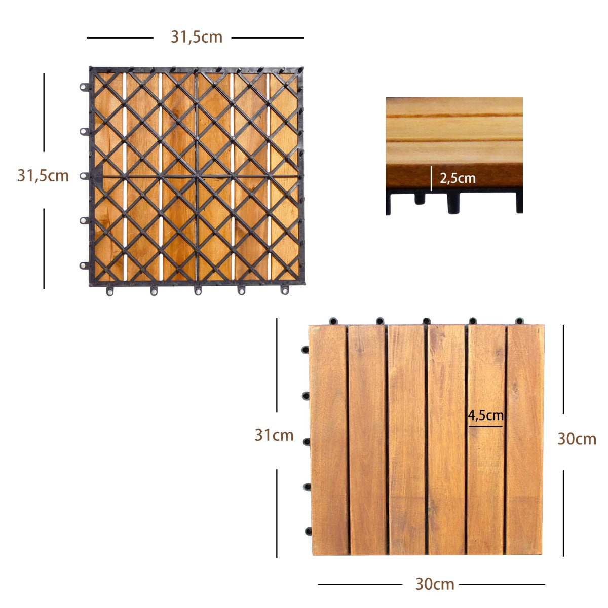 Livsk costway 27 stuks houten tegels balkonvloeren wpc terrasplanken acaciahout 30 x 30 x 24 cm gereedschapsvrije montage gestreept patroon