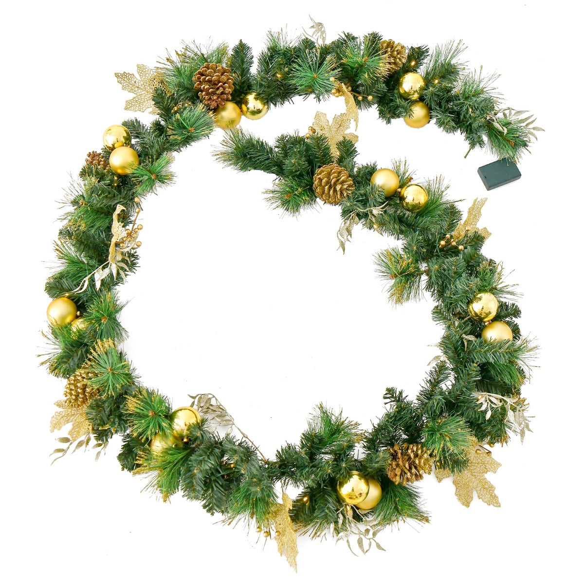 LIVSK Voorverlichte Kerstkrans - 270 cm - 50 Warmwitte LED's - Gouden Decoraties - Vlamvertragend - Groen+Rood