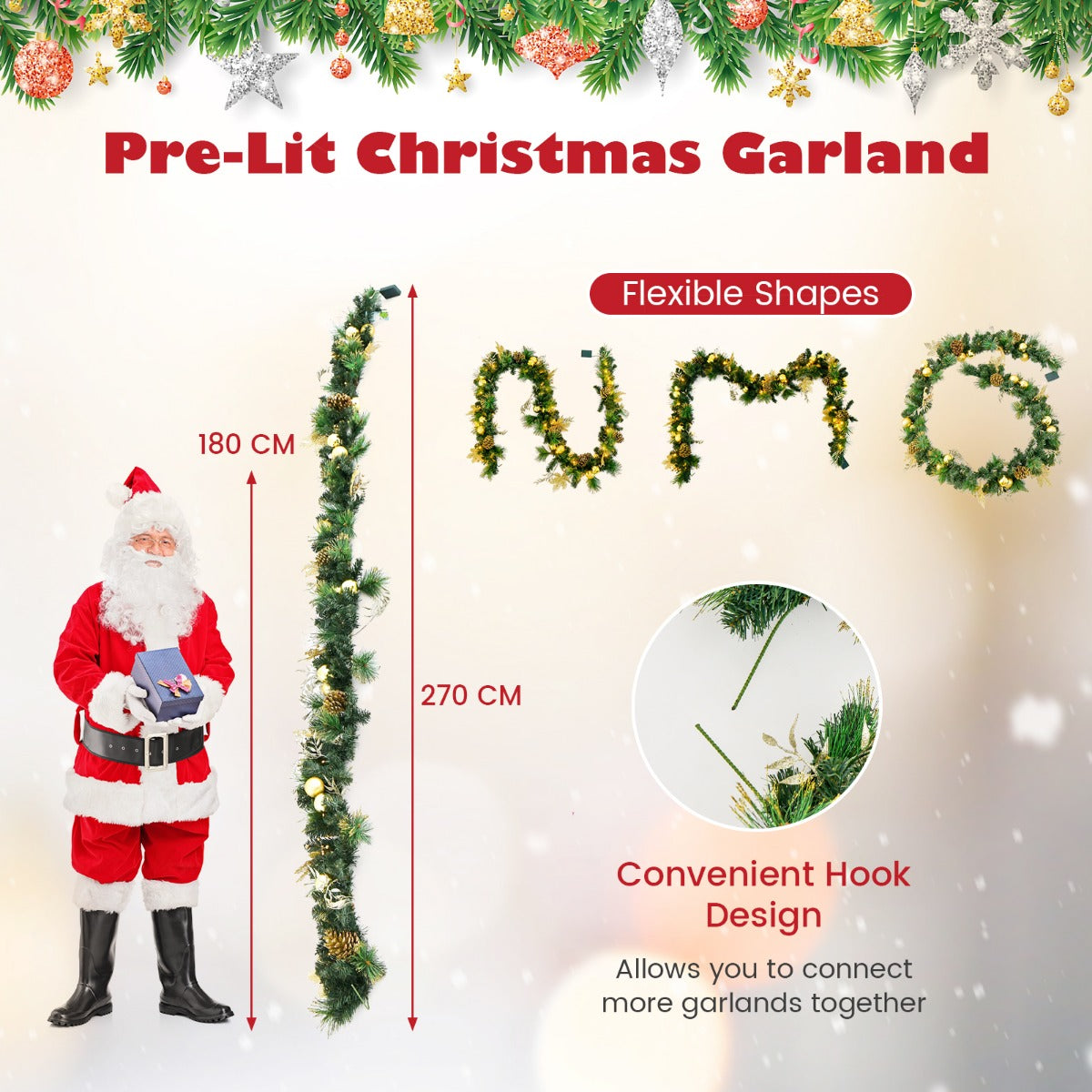 LIVSK Voorverlichte Kerstkrans - 270 cm - 50 Warmwitte LED's - Gouden Decoraties - Vlamvertragend - Groen+Rood