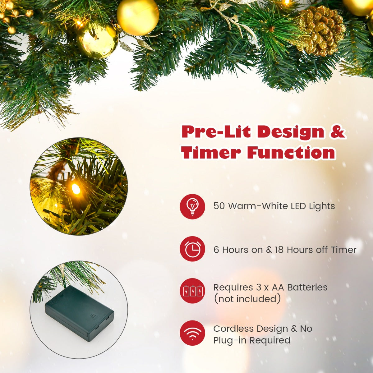 LIVSK Voorverlichte Kerstkrans - 270 cm - 50 Warmwitte LED's - Gouden Decoraties - Vlamvertragend - Groen+Rood