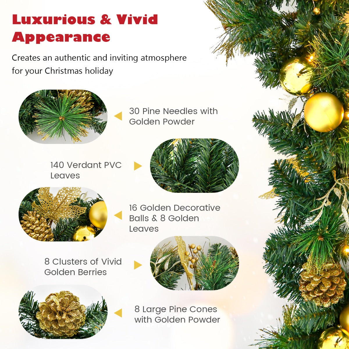 LIVSK Voorverlichte Kerstkrans - 270 cm - 50 Warmwitte LED's - Gouden Decoraties - Vlamvertragend - Groen+Rood