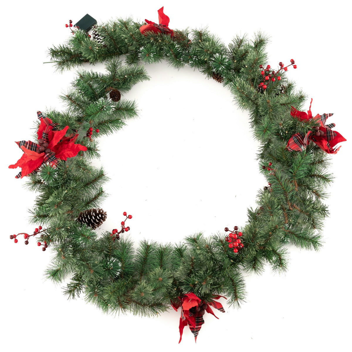 LIVSK Verlichte Kerstslinger 270 cm - 50 LED Lampen - Sneeuwbedekte Dennennaalden - Rode Bloemen en Bessen - Groen/Rood