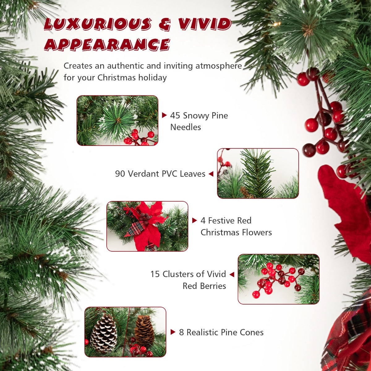 LIVSK Verlichte Kerstslinger 270 cm - 50 LED Lampen - Sneeuwbedekte Dennennaalden - Rode Bloemen en Bessen - Groen/Rood