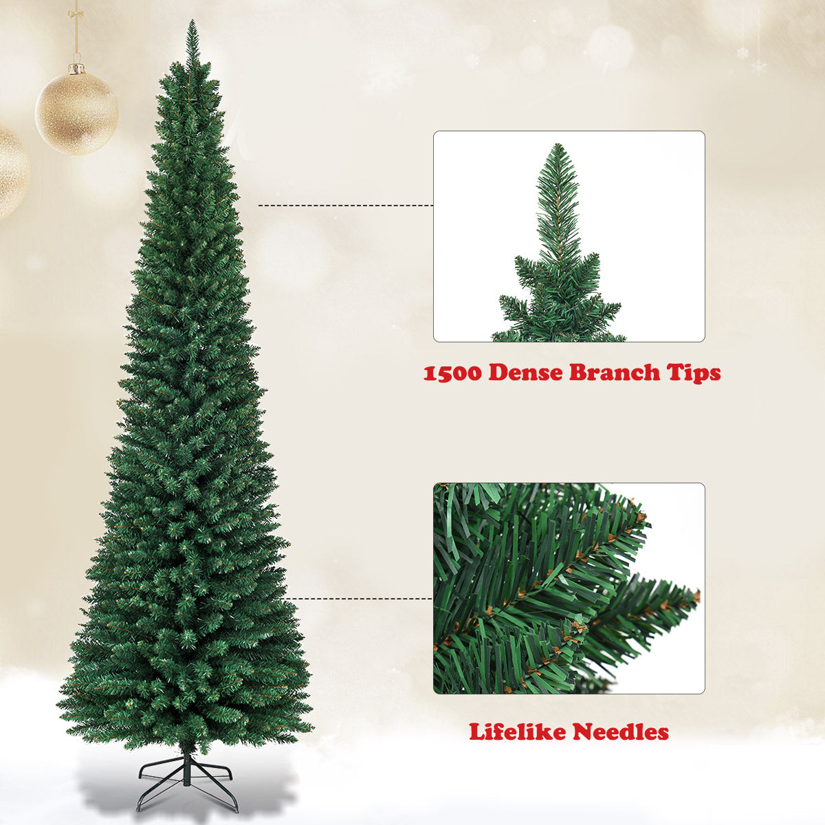 LIVSK Kunstkerstboom - Realistisch Design met 1500 Takpunten - Ruimtebesparend Potloodontwerp - Eenvoudige Montage - Groen