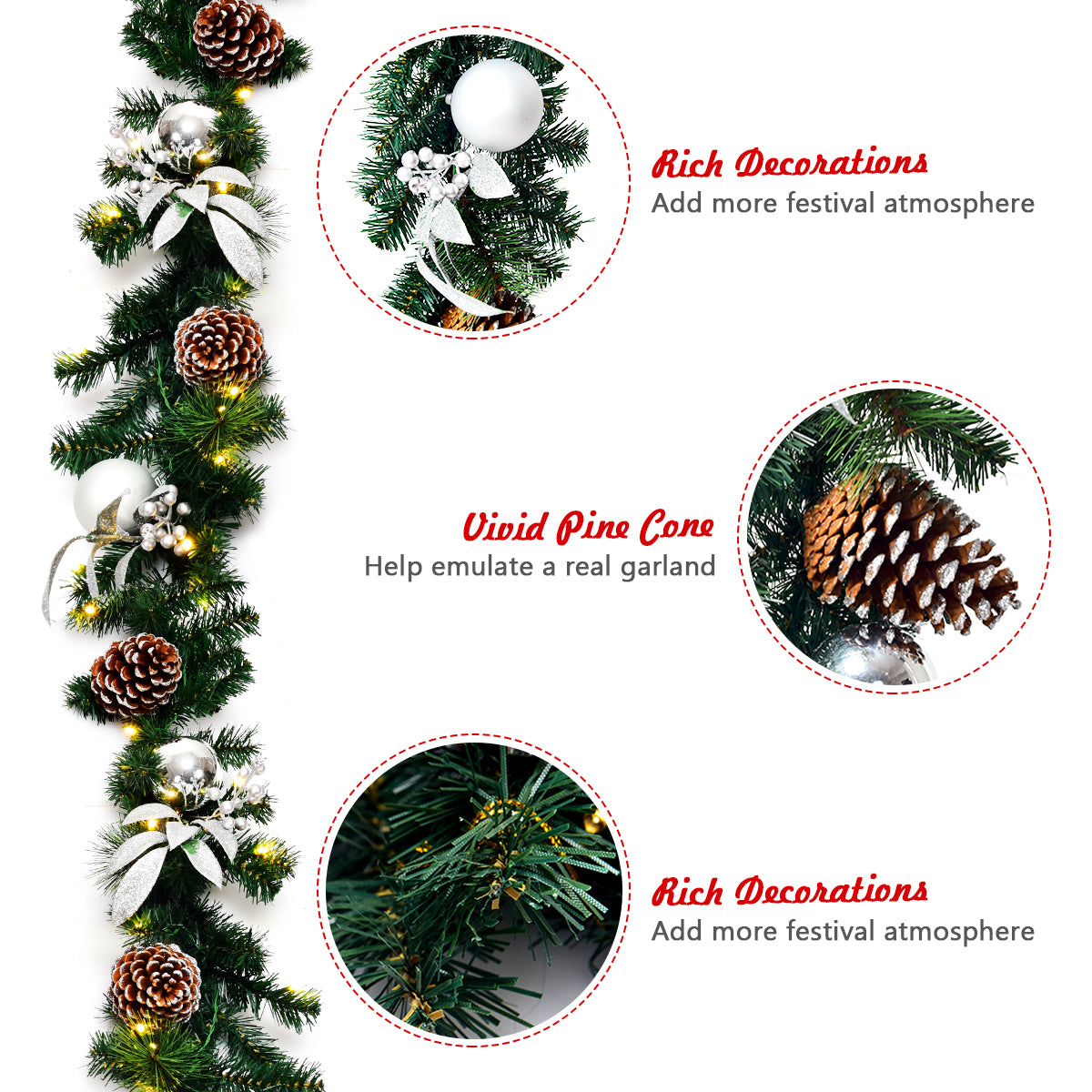 LIVSK Voorverlichte Kerstslinger - 275 cm - 50 Warm Witte LED Lampjes - Realistisch Design - Duurzaam PVC - Groen
