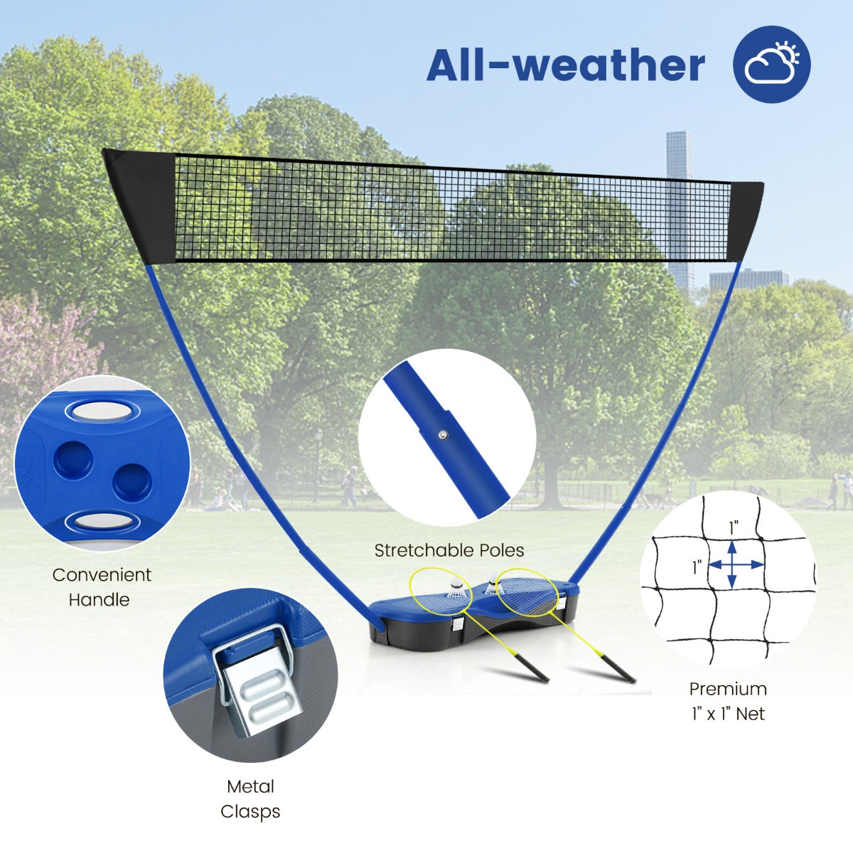 LIVSK Badmintonset - Inclusief Net, 2 Rackets en 2 Shuttlecocks - Eenvoudige Installatie - Draagbaar - Blauw