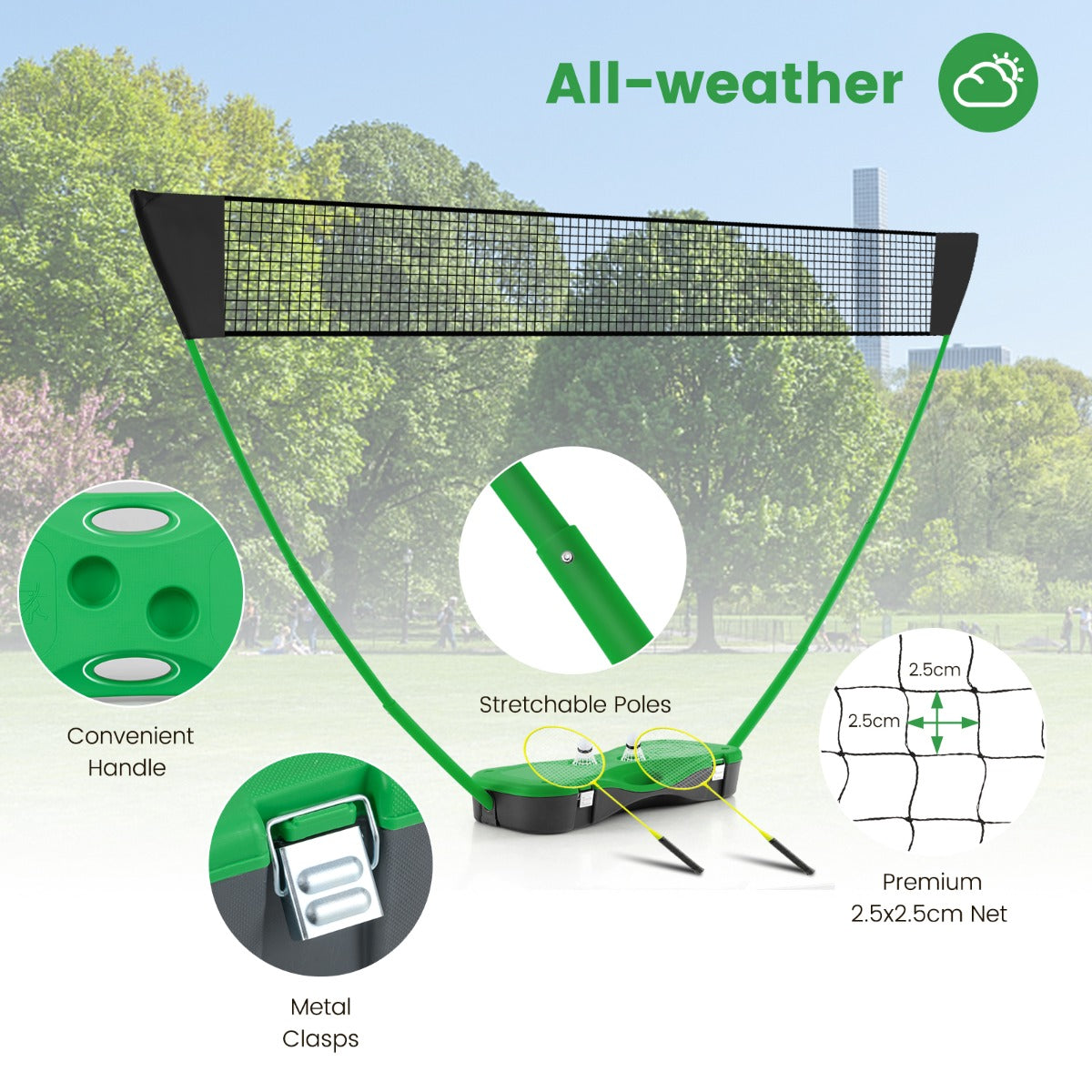 LIVSK Badmintonset - Draagbaar Net en Rackets - PE Materiaal - Eenvoudige Installatie - Tot 80 kg - Groen