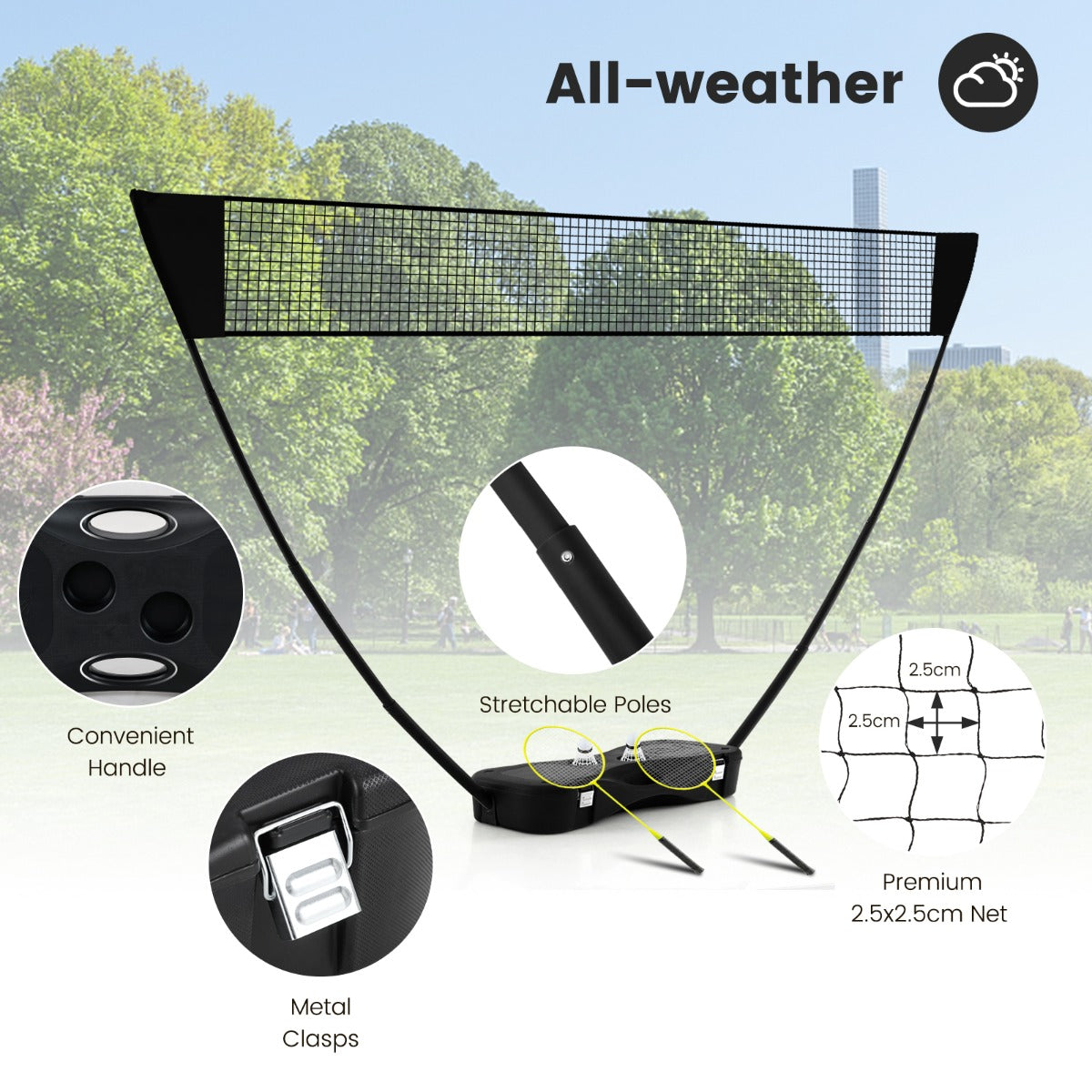 LIVSK Badmintonset met Net en Rackets - Inclusief 2 Veerballen en Opbergdoos - Eenvoudig te Installeren - Draagbaar - Zwart