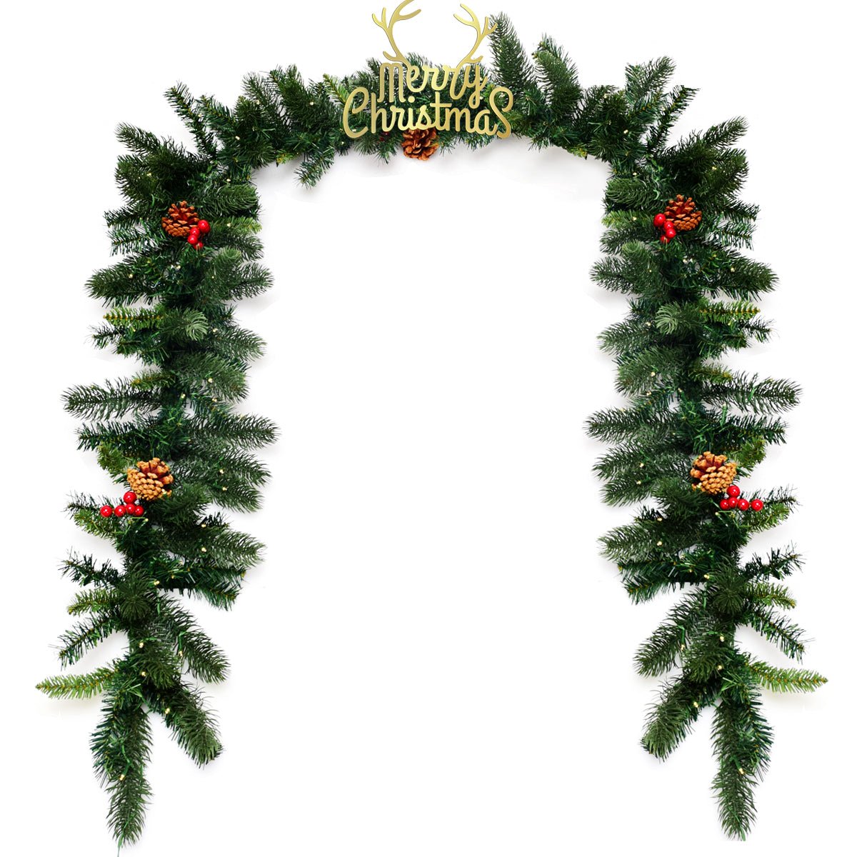 LIVSK Voorverlichte Kerstslinger - 100 LED-lampjes - Mix van PE en PVC takken - 275 cm - Met dennenappels en rode bessen - Groen