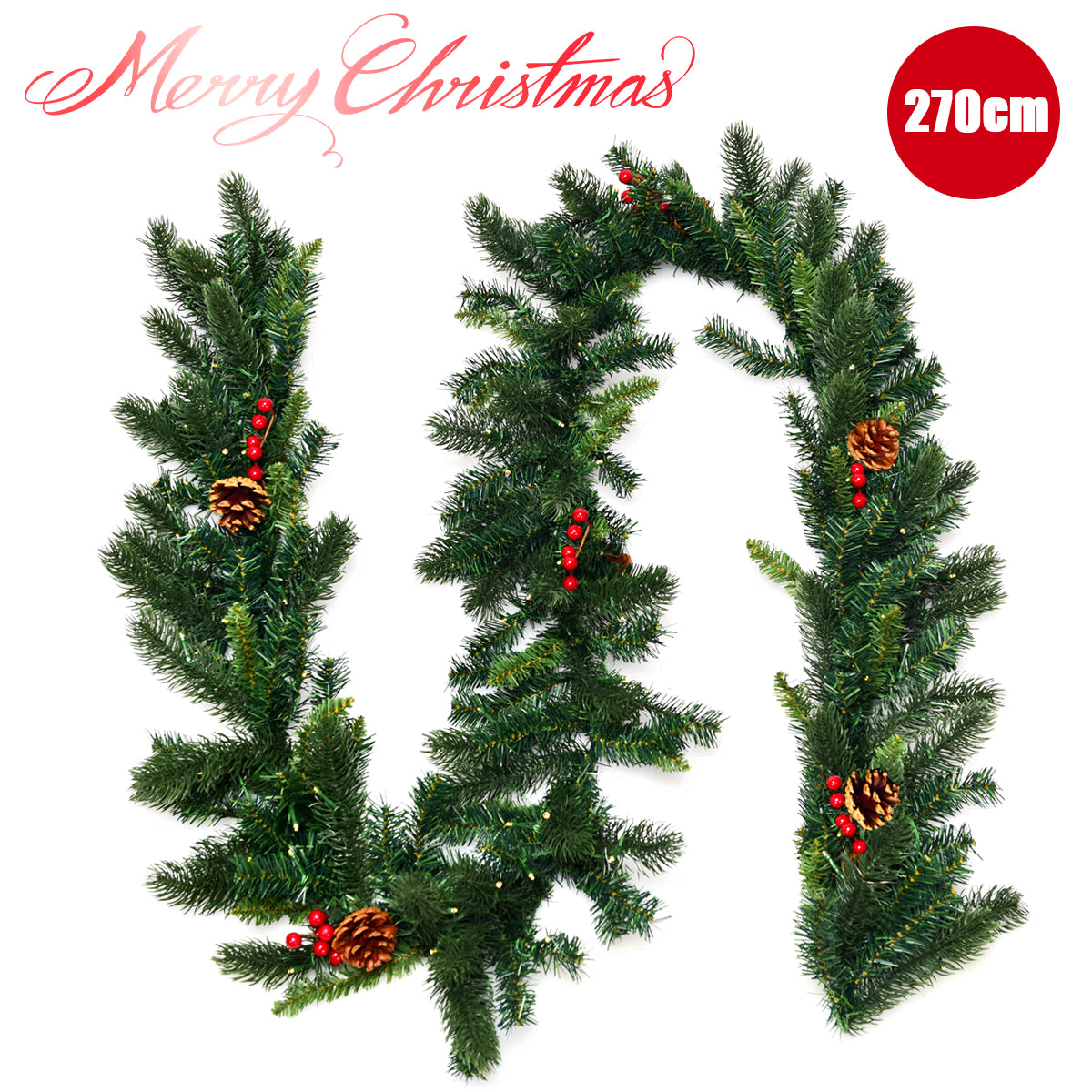 LIVSK Voorverlichte Kerstslinger - 100 LED-lampjes - Mix van PE en PVC takken - 275 cm - Met dennenappels en rode bessen - Groen