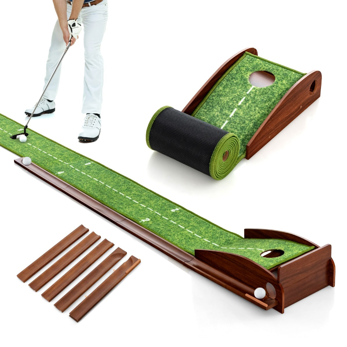 LIVSK Golf Putting Mat met Automatisch Balretoursysteem - Kreukvrij TPR Nylon - Precisie en Controle - 277 x 29 x 15 cm - Bruin +